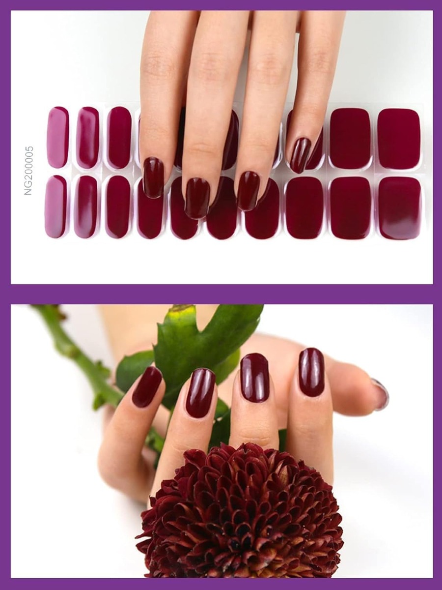 Kit Adesivi per Unghie in Gel Semipolimerizzato - 20 Strisce Autoadesive con Accessori per Manicure bordeaux