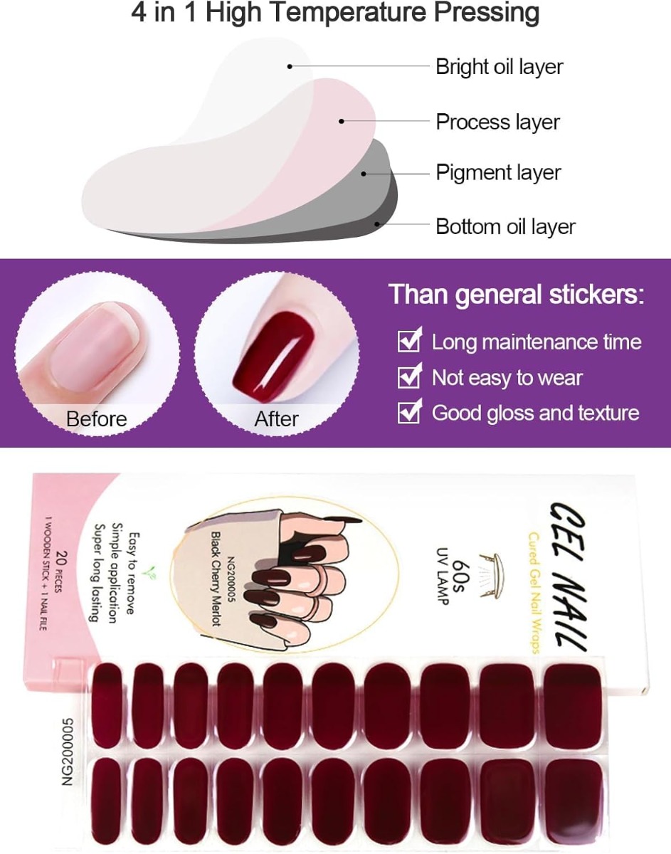 Kit Adesivi per Unghie in Gel Semipolimerizzato - 20 Strisce Autoadesive con Accessori per Manicure bordeaux