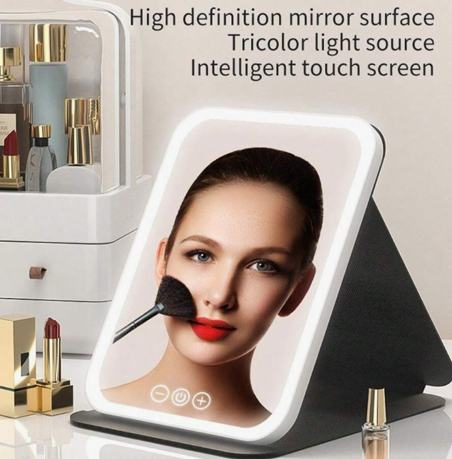 Specchio da Trucco con Luci LED e Touchscreen - Luminosità Regolabile e Design Pieghevole